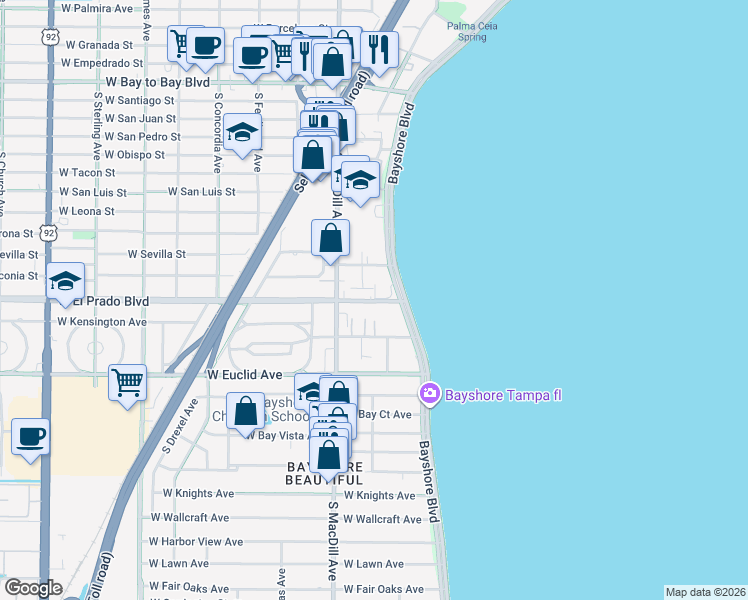 map of restaurants, bars, coffee shops, grocery stores, and more near 3420 South Carter Street in Tampa