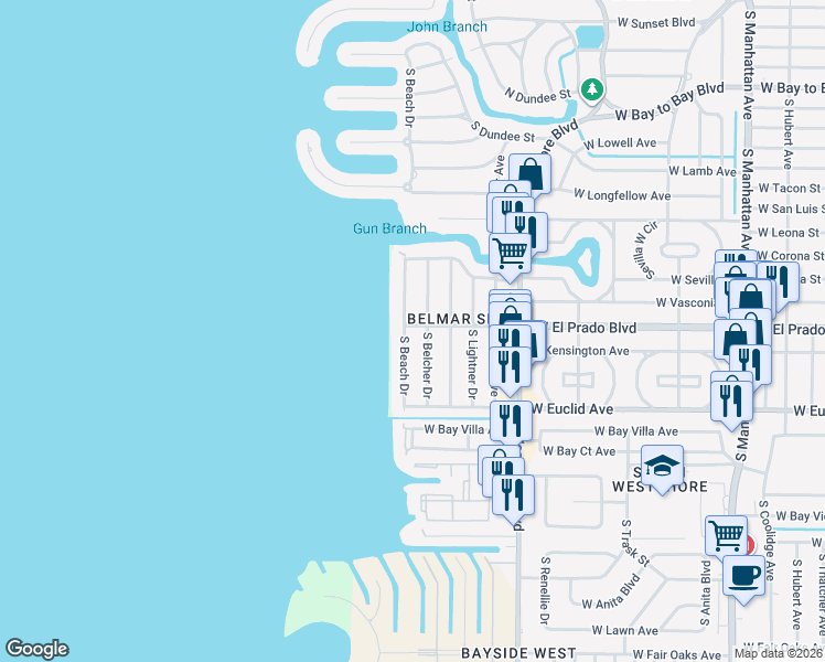 map of restaurants, bars, coffee shops, grocery stores, and more near 3419 South Beach Drive in Tampa
