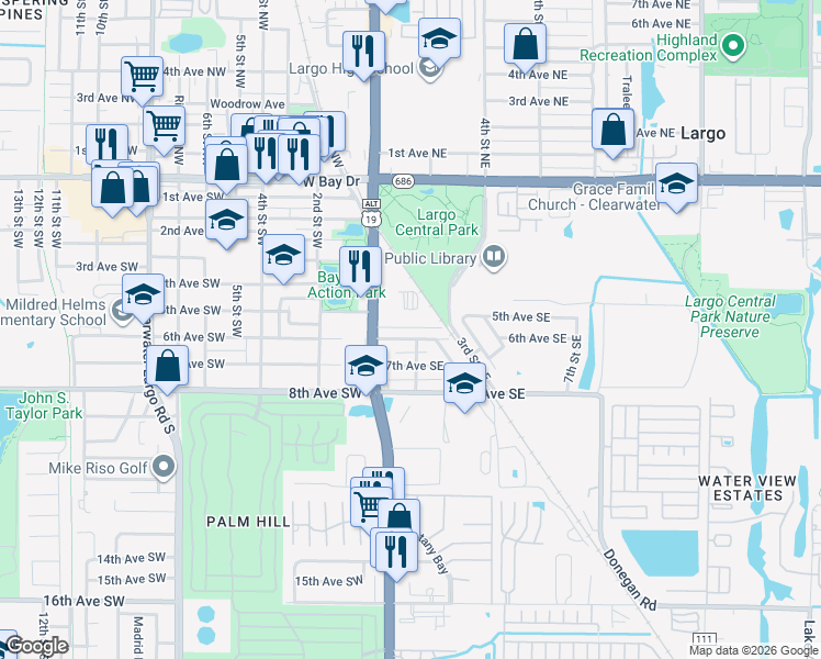map of restaurants, bars, coffee shops, grocery stores, and more near 500 Seminole Boulevard in Largo