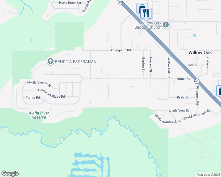 map of restaurants, bars, coffee shops, grocery stores, and more near 4568 Turner Oaks Drive in Mulberry