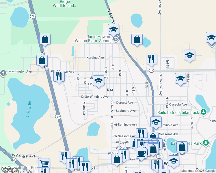 map of restaurants, bars, coffee shops, grocery stores, and more near 406 Lincoln Avenue in Lake Wales