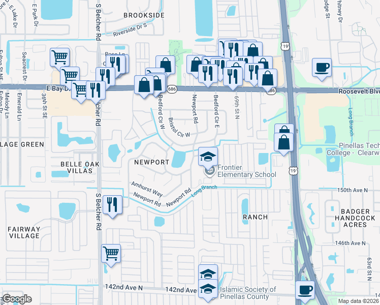 map of restaurants, bars, coffee shops, grocery stores, and more near 15316 Bedford Circle West in Clearwater