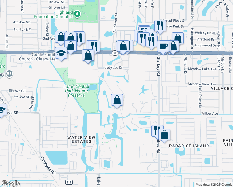 map of restaurants, bars, coffee shops, grocery stores, and more near 53 Countryclub Drive in Largo