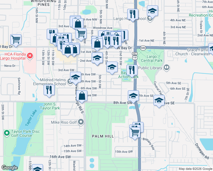 map of restaurants, bars, coffee shops, grocery stores, and more near 501 4th Street Southwest in Largo