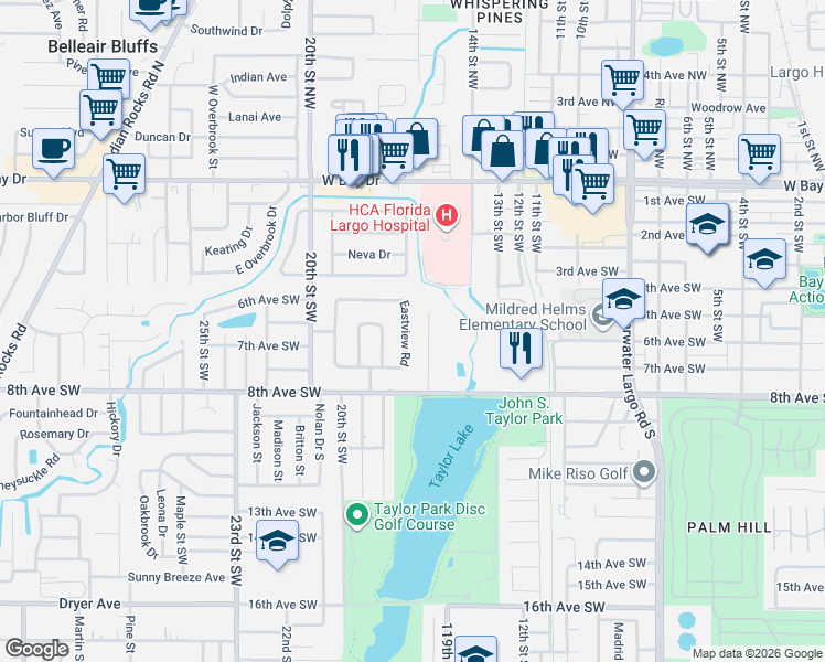 map of restaurants, bars, coffee shops, grocery stores, and more near 536 Pinecrest Drive in Largo