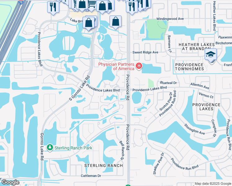 map of restaurants, bars, coffee shops, grocery stores, and more near 1825 Princeton Lakes Drive in Brandon