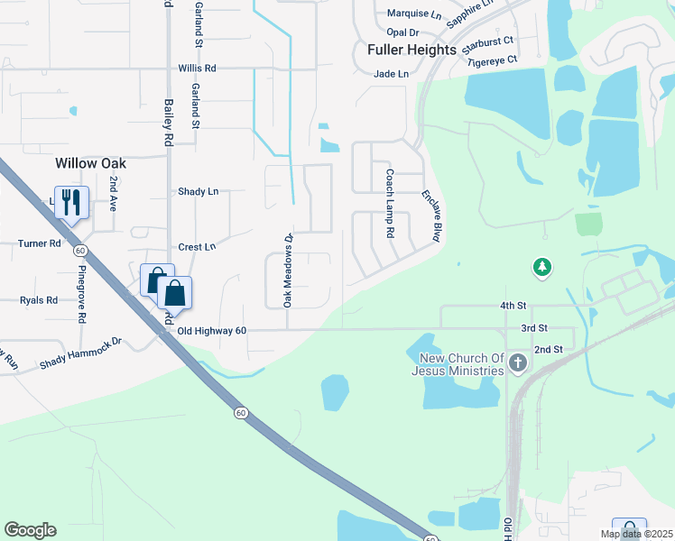 map of restaurants, bars, coffee shops, grocery stores, and more near 3424 Royal Oak Drive North in Mulberry