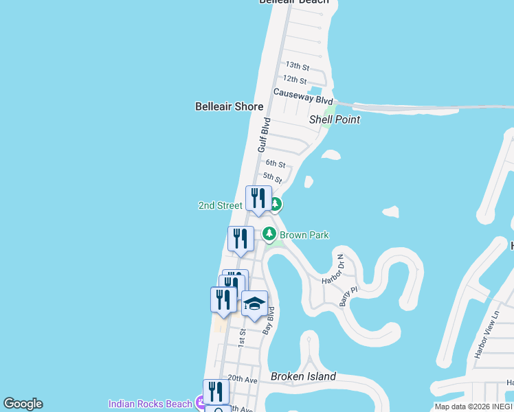 map of restaurants, bars, coffee shops, grocery stores, and more near 102 3rd Street in Belleair Beach