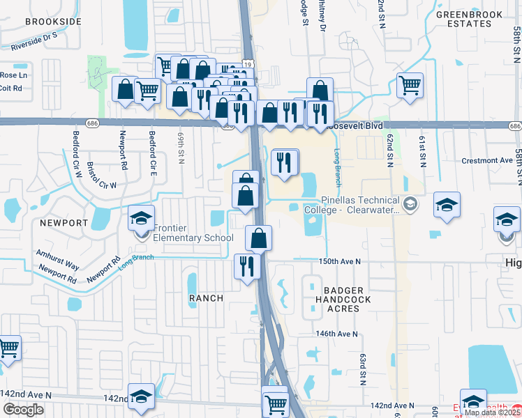 map of restaurants, bars, coffee shops, grocery stores, and more near 15232 U.S. Highway 19 in Clearwater