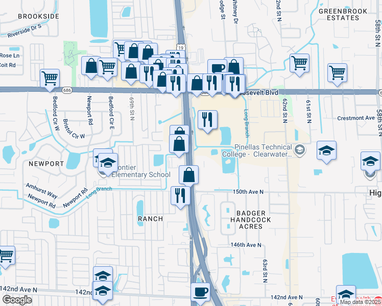 map of restaurants, bars, coffee shops, grocery stores, and more near 15232 U.S. Highway 19 in Clearwater