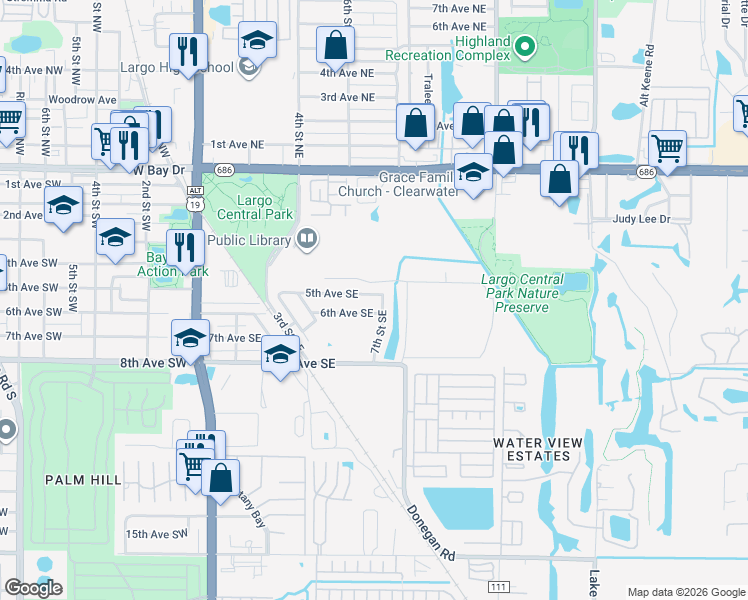 map of restaurants, bars, coffee shops, grocery stores, and more near 604 5th Avenue Southeast in Largo