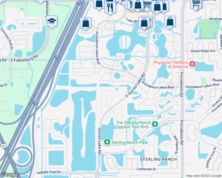 map of restaurants, bars, coffee shops, grocery stores, and more near 1635 Hulett Drive in Brandon
