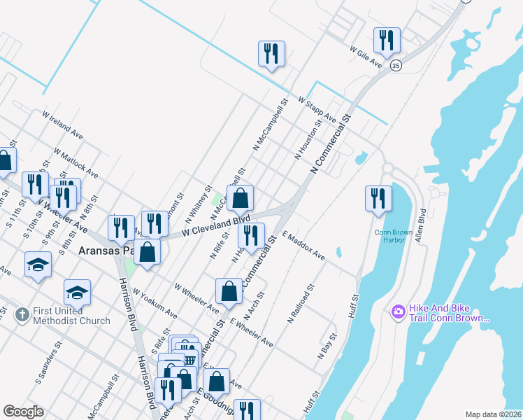 map of restaurants, bars, coffee shops, grocery stores, and more near 530 North Houston Street in Aransas Pass