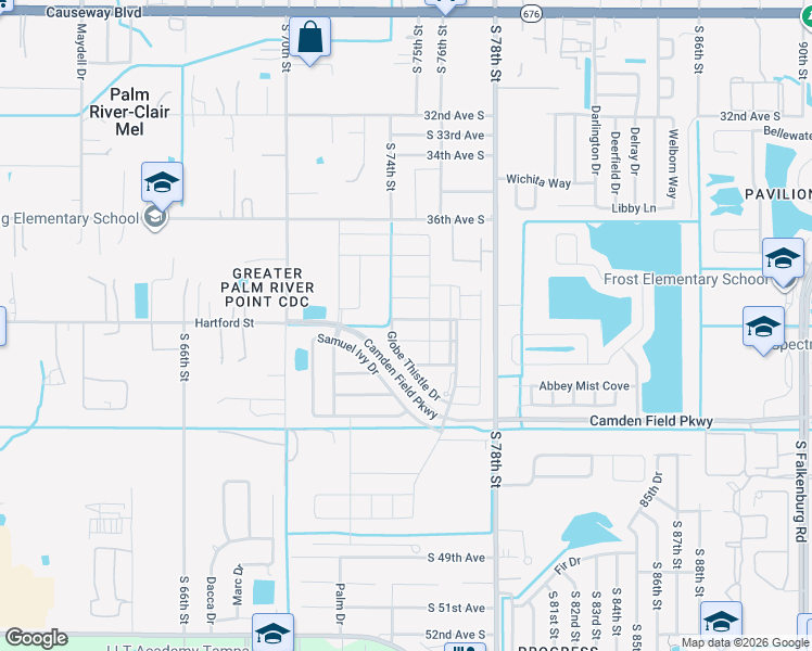 map of restaurants, bars, coffee shops, grocery stores, and more near 7401 Evening Primrose Court in Tampa