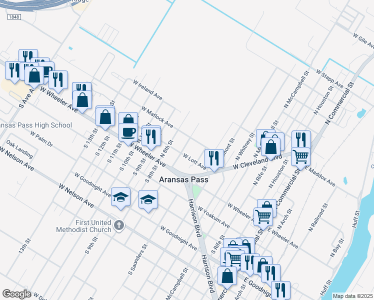 map of restaurants, bars, coffee shops, grocery stores, and more near 231 North 7th Street in Aransas Pass