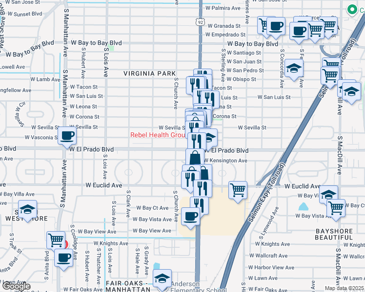 map of restaurants, bars, coffee shops, grocery stores, and more near 3816 West Vasconia Street in Tampa
