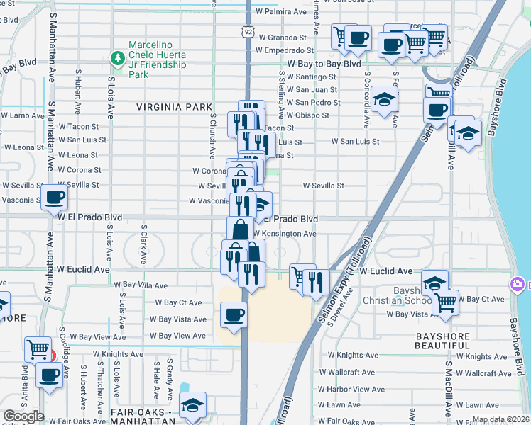 map of restaurants, bars, coffee shops, grocery stores, and more near 3704 West Vasconia Street in Tampa