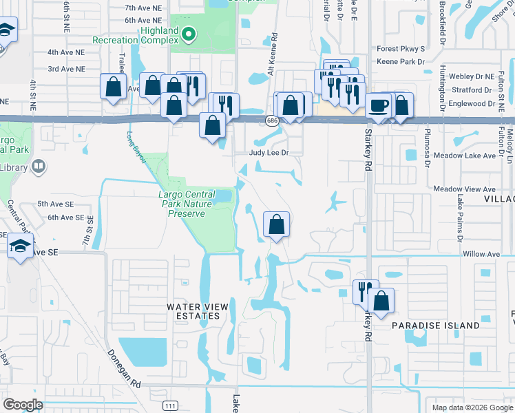 map of restaurants, bars, coffee shops, grocery stores, and more near 20 Countryclub Drive in Largo