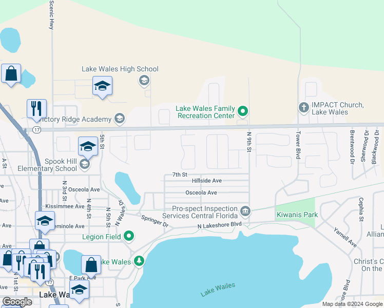 map of restaurants, bars, coffee shops, grocery stores, and more near 802 Hunt Drive in Lake Wales