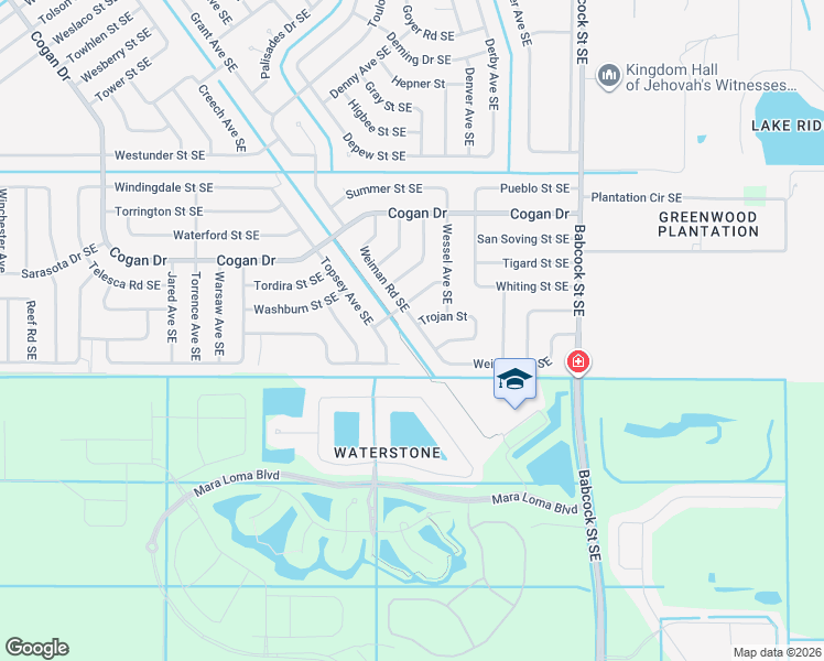 map of restaurants, bars, coffee shops, grocery stores, and more near 1450 Weiman Road Southeast in Palm Bay