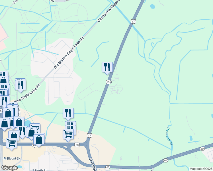 map of restaurants, bars, coffee shops, grocery stores, and more near 1725 State Highway 555 in Bartow