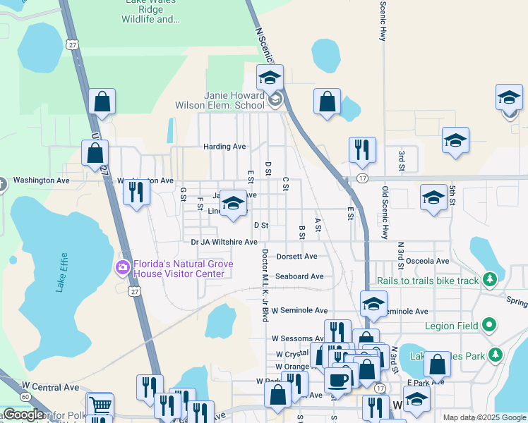 map of restaurants, bars, coffee shops, grocery stores, and more near 406 Lincoln Avenue in Lake Wales