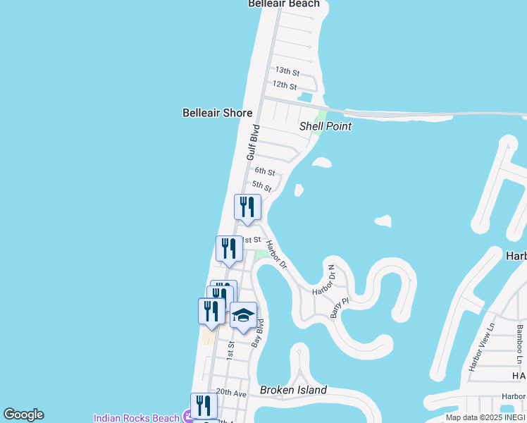 map of restaurants, bars, coffee shops, grocery stores, and more near 107 3rd Street in Belleair Beach