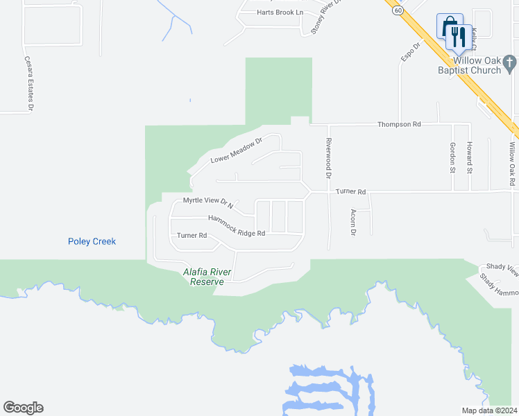 map of restaurants, bars, coffee shops, grocery stores, and more near 4891 Palm View Drive North in Mulberry