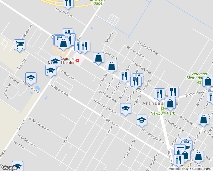 map of restaurants, bars, coffee shops, grocery stores, and more near 1315 West Yoakum Avenue in Aransas Pass