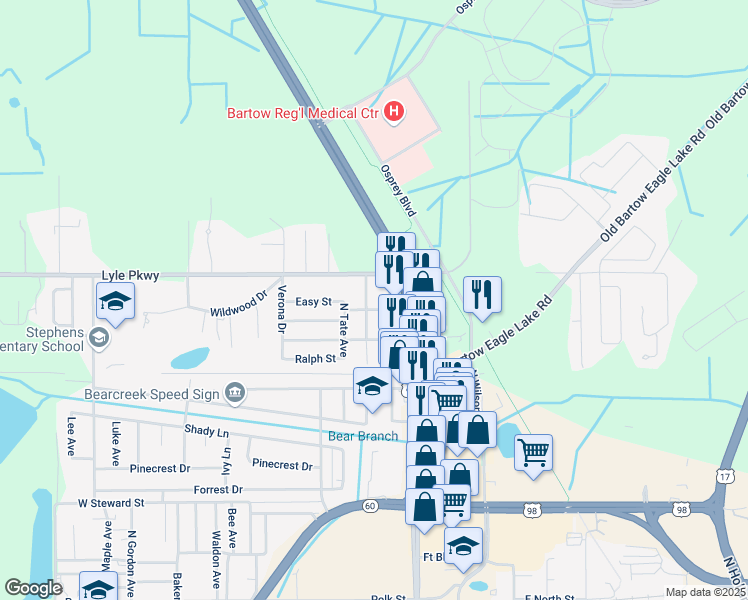 map of restaurants, bars, coffee shops, grocery stores, and more near 222 West Ethelene Street in Bartow