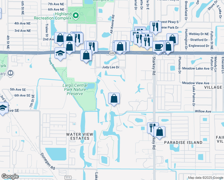 map of restaurants, bars, coffee shops, grocery stores, and more near 53 Countryclub Drive in Largo