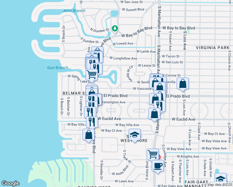 map of restaurants, bars, coffee shops, grocery stores, and more near 4629 West El Prado Boulevard in Tampa