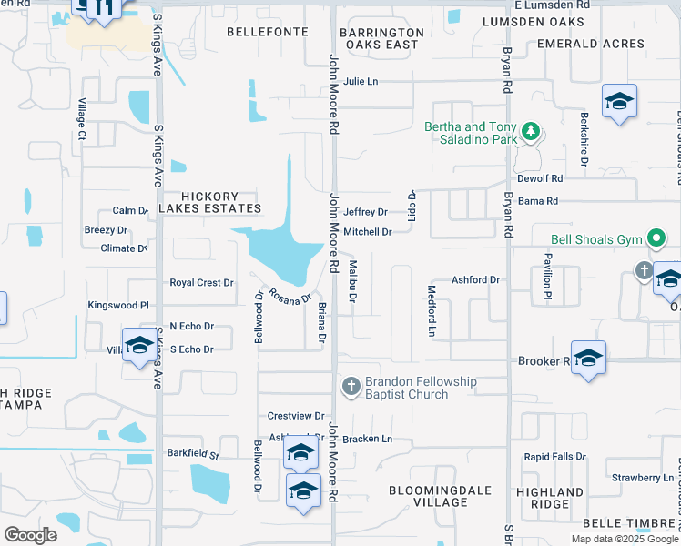 map of restaurants, bars, coffee shops, grocery stores, and more near 2110 John Moore Road in Brandon