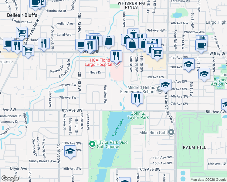 map of restaurants, bars, coffee shops, grocery stores, and more near 549 Pinecrest Drive in Largo