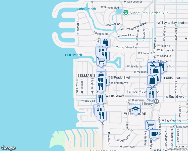 map of restaurants, bars, coffee shops, grocery stores, and more near 3416 South Lightner Drive in Tampa