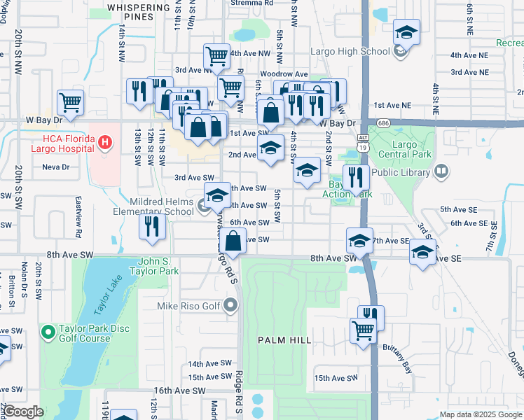map of restaurants, bars, coffee shops, grocery stores, and more near 523 5th Avenue Southwest in Largo