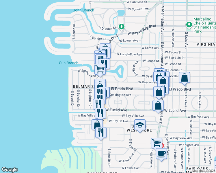 map of restaurants, bars, coffee shops, grocery stores, and more near 4707 West El Prado Boulevard in Tampa