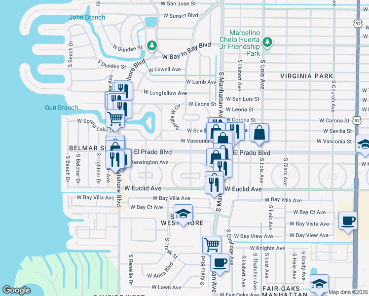 map of restaurants, bars, coffee shops, grocery stores, and more near 4605 West El Prado Boulevard in Tampa