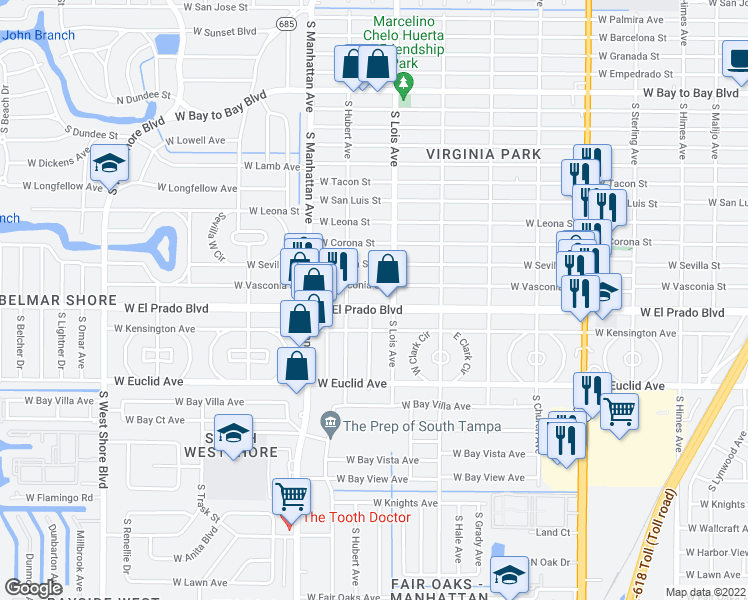 map of restaurants, bars, coffee shops, grocery stores, and more near 4221 West El Prado Boulevard in Tampa