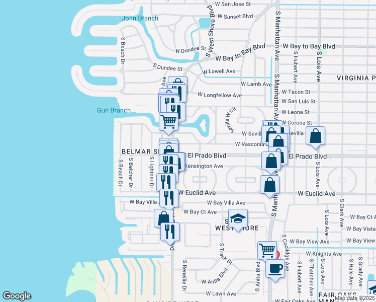 map of restaurants, bars, coffee shops, grocery stores, and more near 4707 West El Prado Boulevard in Tampa
