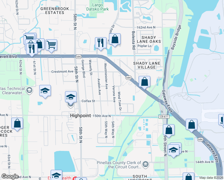map of restaurants, bars, coffee shops, grocery stores, and more near 15364 Verona Avenue in Clearwater