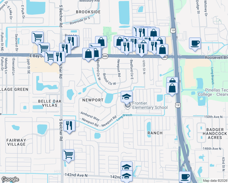 map of restaurants, bars, coffee shops, grocery stores, and more near 15316 Bedford Circle West in Clearwater