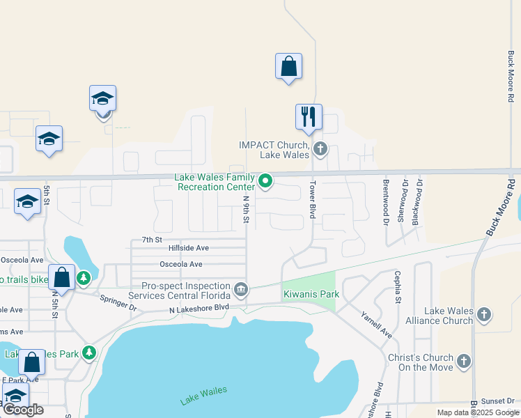 map of restaurants, bars, coffee shops, grocery stores, and more near 915 Oxford Way in Lake Wales