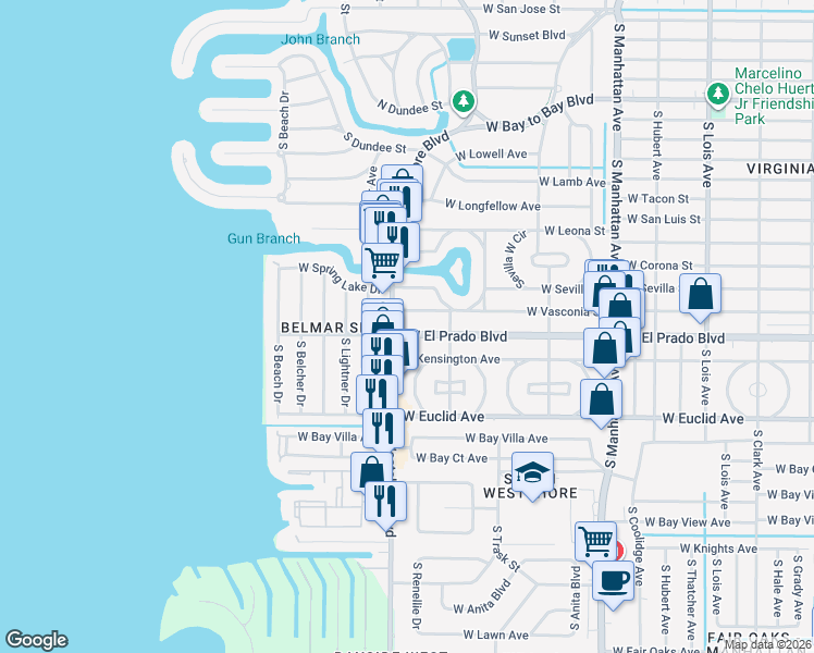map of restaurants, bars, coffee shops, grocery stores, and more near 4707 West El Prado Boulevard in Tampa