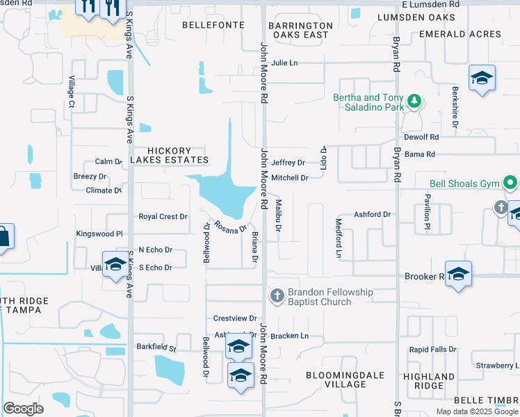 map of restaurants, bars, coffee shops, grocery stores, and more near 2110 John Moore Road in Brandon