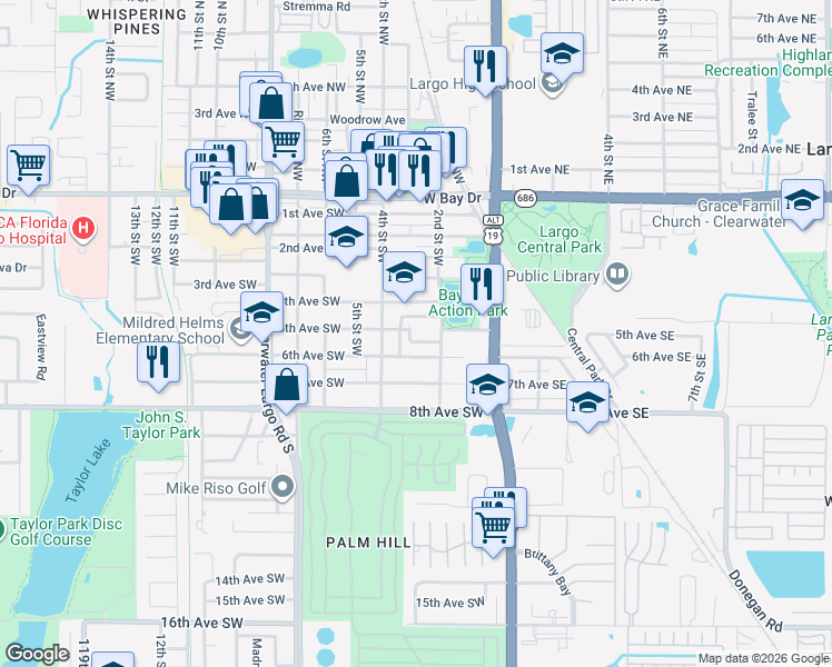 map of restaurants, bars, coffee shops, grocery stores, and more near 552 3rd Street Southwest in Largo