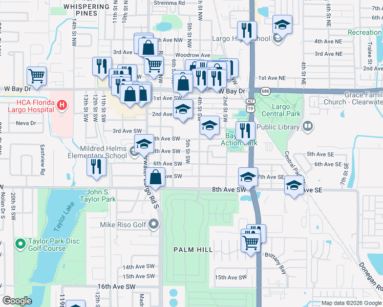 map of restaurants, bars, coffee shops, grocery stores, and more near 415 5th Avenue Southwest in Largo