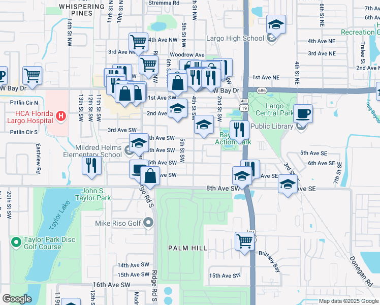 map of restaurants, bars, coffee shops, grocery stores, and more near 501 4th Street Southwest in Largo