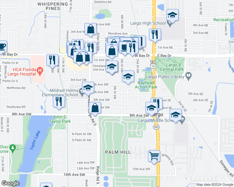 map of restaurants, bars, coffee shops, grocery stores, and more near 415 5th Avenue Southwest in Largo