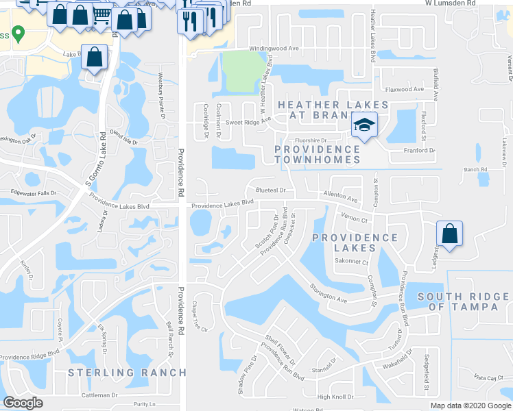 map of restaurants, bars, coffee shops, grocery stores, and more near 1445 Scotch Pine Dr in Brandon